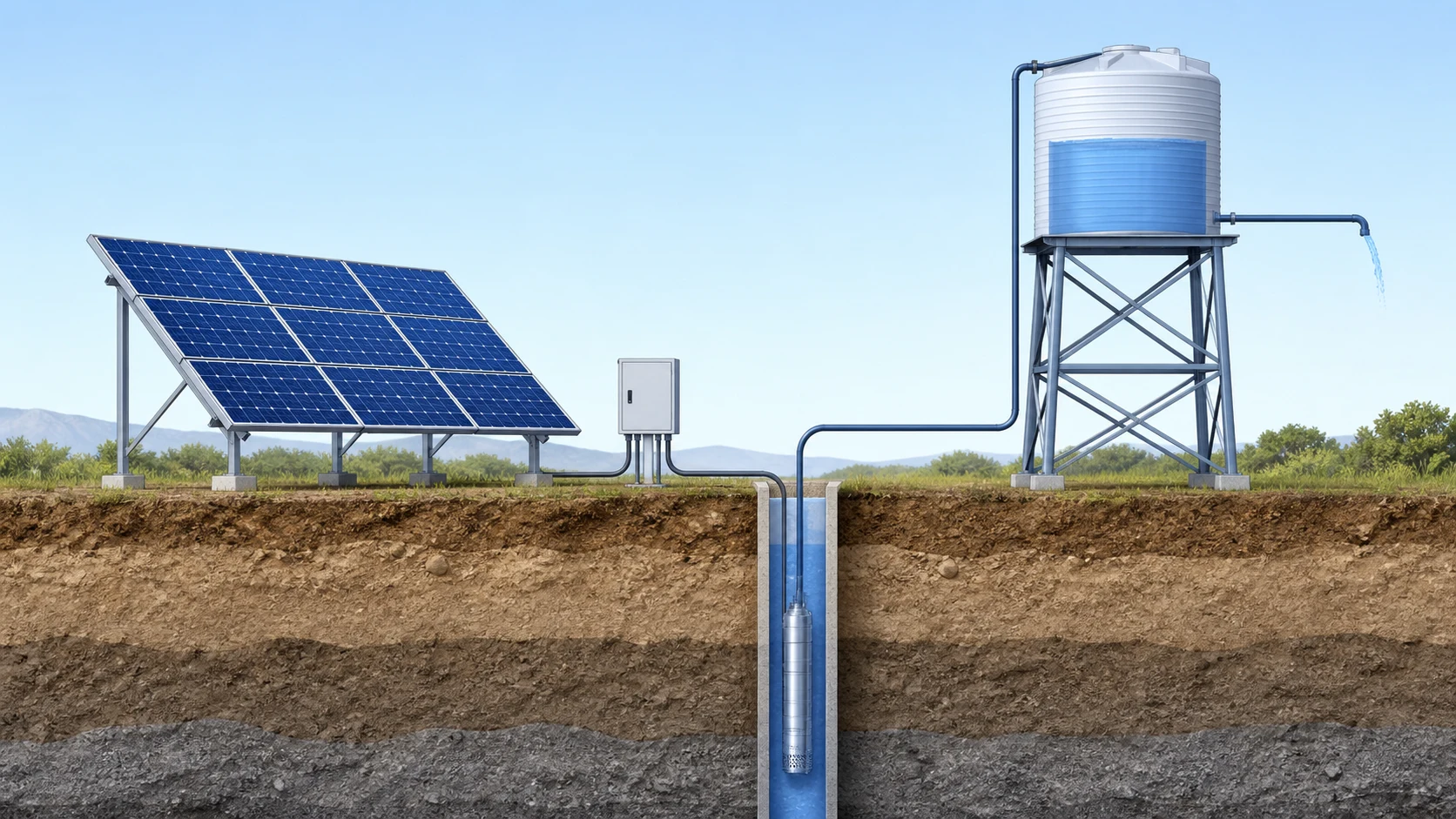 Sistem solar de pompare cu panouri, controler, pompă submersibilă în foraj și rezervor de stocare supraînălțat